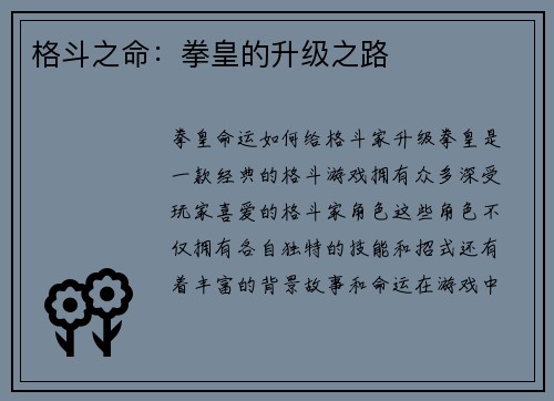 格斗之命：拳皇的升级之路