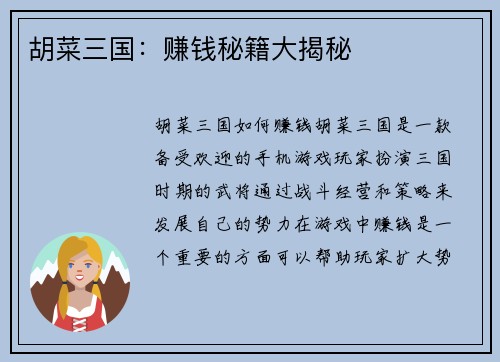 胡菜三国：赚钱秘籍大揭秘